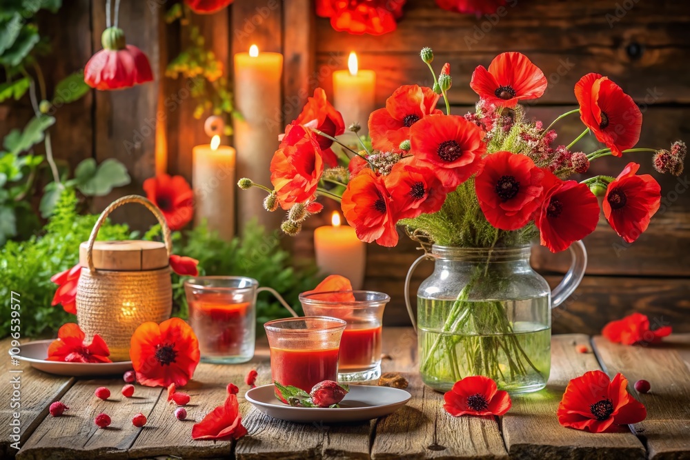 Beautiful Watercolors of Red Poppies and Elegant Candles on a Rustic Table Setting with Soft Natural Lighting for Home Decor Inspiration Beautiful Watercolors of Red Poppies and Elegant Candles on a Rustic Table Setting with Soft Natural Lighting for Home Decor Inspiration