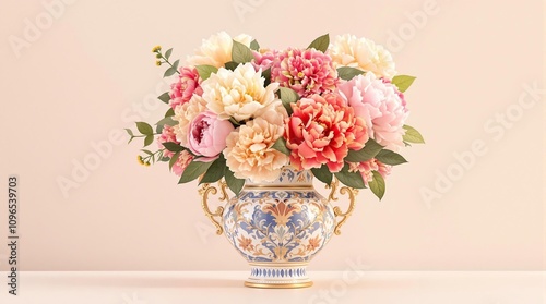 Colorful peonies and hydrangeas in a beautifully crafted ceramic bowl, ceramic, arrangement, still life