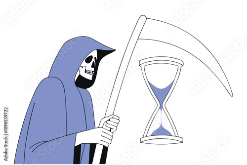 Time guardian grim reaper vector flat illustration. Inevitable end of life