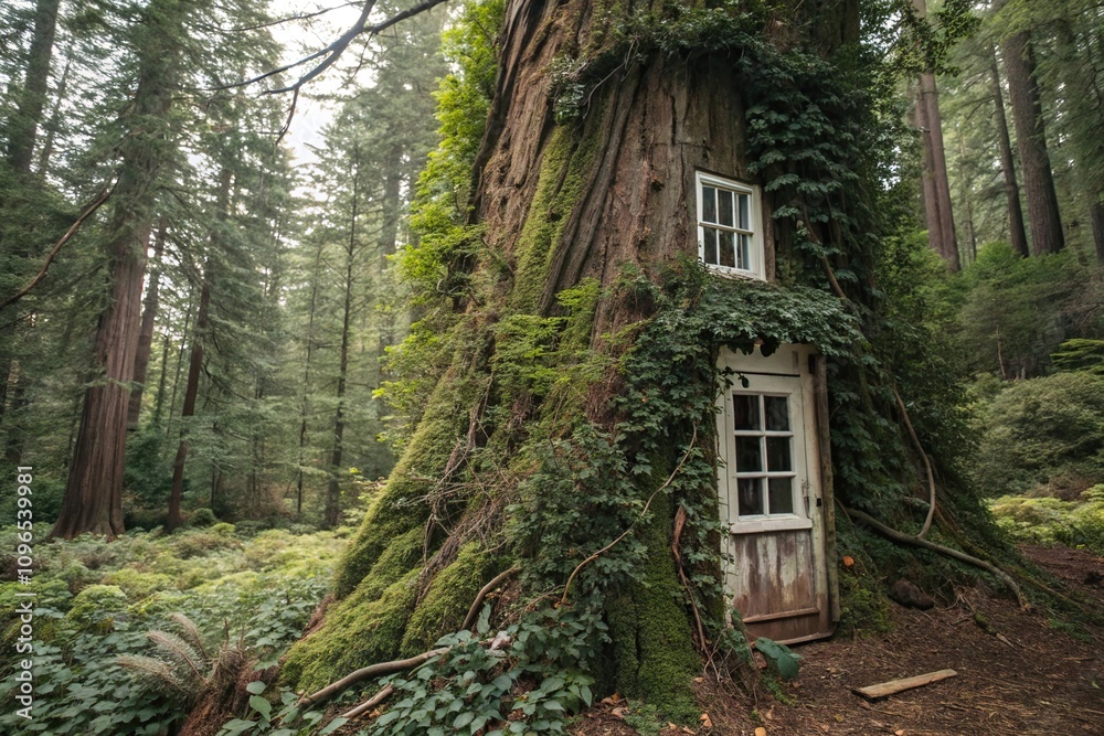 Vines and moss covering an abandoned redwood with white windows, overgrown, wild, redwood, vines, nature