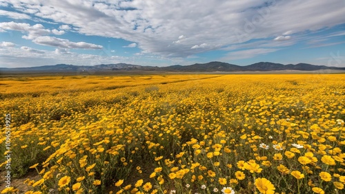 Overhead view of a vast field of desert marigold with hundreds of blooms stretching towards the sky, wide-open spaces, aerial photography, desert marigold, field views photo