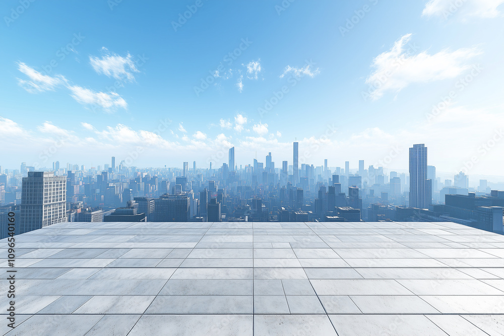 Empty Rooftop with City Skyline and Clear Blue Sky Empty Rooftop with City Skyline and Clear Blue Sky