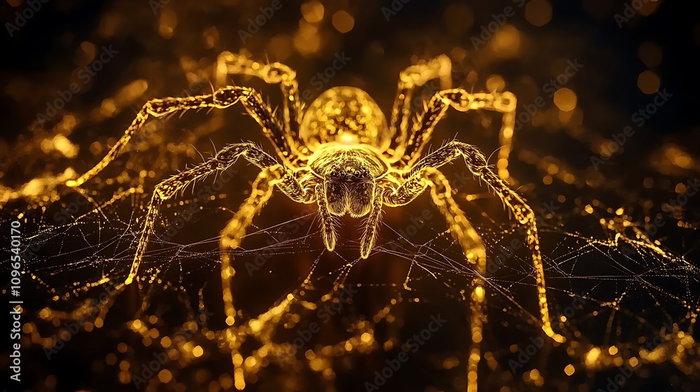 Elegant golden spider and its web glowing against a contrasting black backdrop Elegant golden spider and its web glowing against a contrasting black backdrop