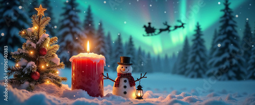 3D illustration for Merry Christmas card. A Christmas tree, a red candle, and a snowman wearing a top hat and red scarf with a lantern. Northern lights with the silhouette of a sleigh pulled by reinde