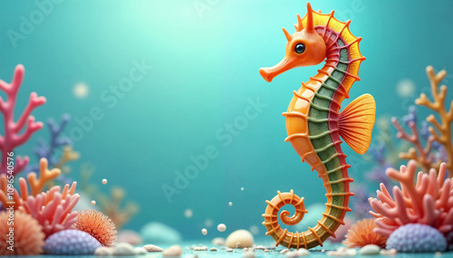 3D Illustration of Vividly Colored Plastic Seahorse Amidst Colorful Corals on the Ocean Floor.