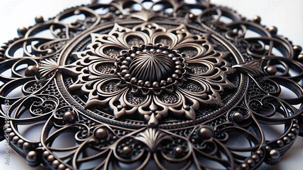 Black Timeless Piece Surrounded by Intricate Filigree, Isolated on a Crisp White Background, Showcasing Elegant Craftsmanship and Unique Design Elements in Macro Photography Black Timeless Piece Surrounded by Intricate Filigree, Isolated on a Crisp White Background, Showcasing Elegant Craftsmanship and Unique Design Elements in Macro Photography
