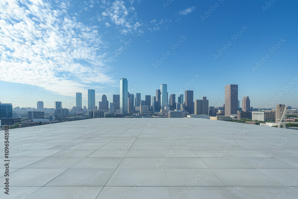 Empty Rooftop with City Skyline and Clear Blue Sky Empty Rooftop with City Skyline and Clear Blue Sky