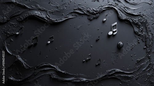 Artistic Compositions of Headphones and Musical Notes with Dark Aesthetics, Highlighting Themes of Music, Sound Waves, and Digital Creativity photo