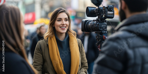 Young female journalist working on city street.