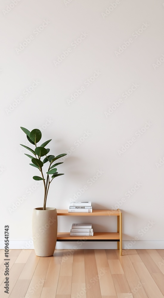 Minimalist interior design with a plant and books on a shelf against a white wall. Minimalist interior design with a plant and books on a shelf against a white wall.