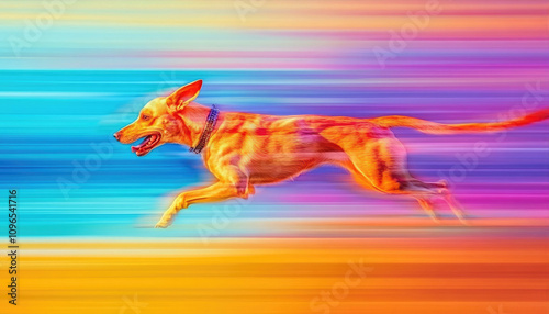 Energetic Dog Running Against a Colorful Gradient Background photo