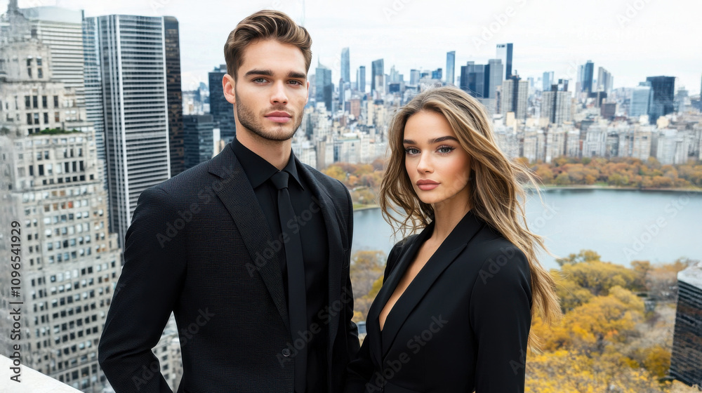 Elegant young couple in black suits against city skyline backdrop, exuding confidence and style. urban setting enhances their sophisticated appearance Elegant young couple in black suits against city skyline backdrop, exuding confidence and style. urban setting enhances their sophisticated appearance