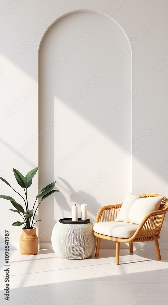 White room with rattan chair and side table with candles.