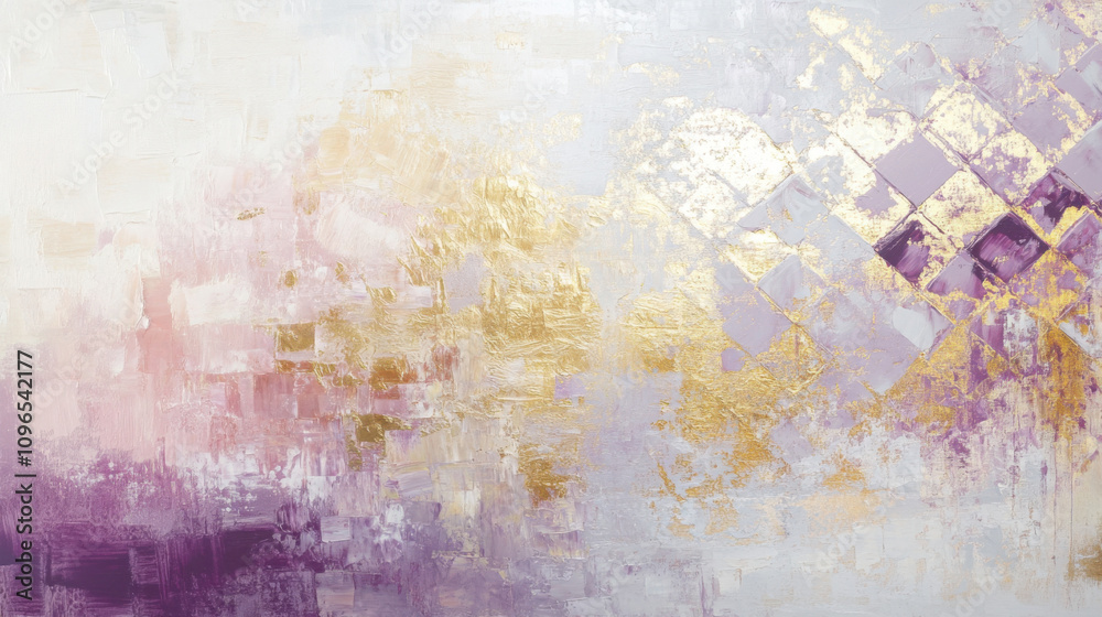 Abstract painting with soft pastel shades of lavender, pink, and cream, highlighted by golden accents and geometric textures for elegance Abstract painting with soft pastel shades of lavender, pink, and cream, highlighted by golden accents and geometric textures for elegance
