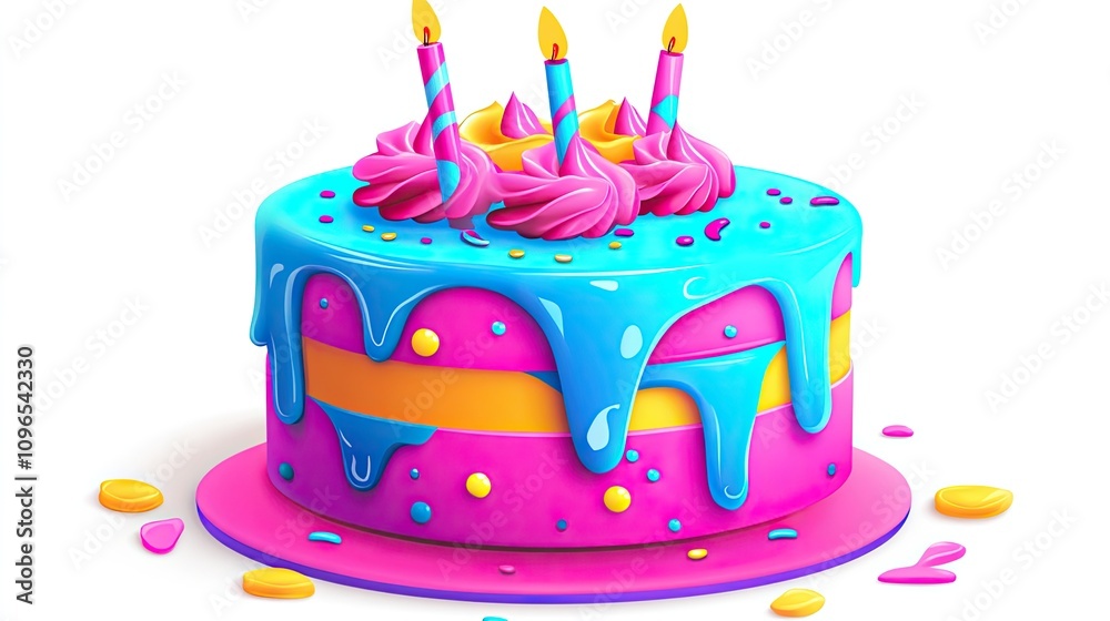 a retro cake design, 80s-inspired celebration dessert, bright neon colors, vector art, isolated on white background a retro cake design, 80s-inspired celebration dessert, bright neon colors, vector art, isolated on white background