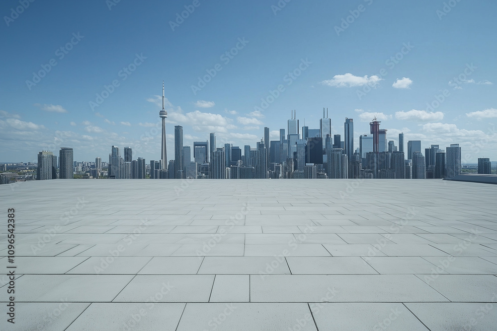 Empty Rooftop with City Skyline and Clear Blue Sky Empty Rooftop with City Skyline and Clear Blue Sky