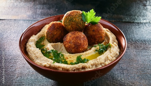 a bowl of hummus with falafel, AI generated