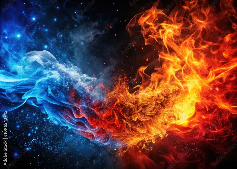 Dynamic red and blue flames create an electrifying confrontation scene, igniting a fierce battle atmosphere filled with powerful flashes and intense competition. Prepare for war! Dynamic red and blue flames create an electrifying confrontation scene, igniting a fierce battle atmosphere filled with powerful flashes and intense competition. Prepare for war!