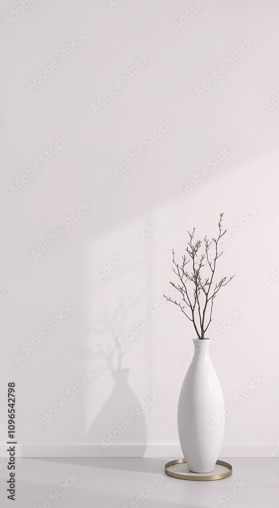 White vase with twigs on white table and white wall. White vase with twigs on white table and white wall.