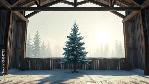 Wooden stage with snow-covered tree in winter, snowy backdrop, snow-capped photo