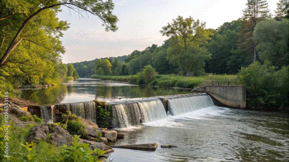 Small dam with a tiny waterfall in the foreground, tiny waterfall, small dam, water feature, lake, peaceful landscape Small dam with a tiny waterfall in the foreground, tiny waterfall, small dam, water feature, lake, peaceful landscape
