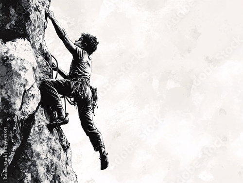 Black-and-White Illustrations of Rock Climbers Scaling Cliffs, Highlighting Adventure, Determination, and Artistic Renderings of Extreme Outdoor Sports photo