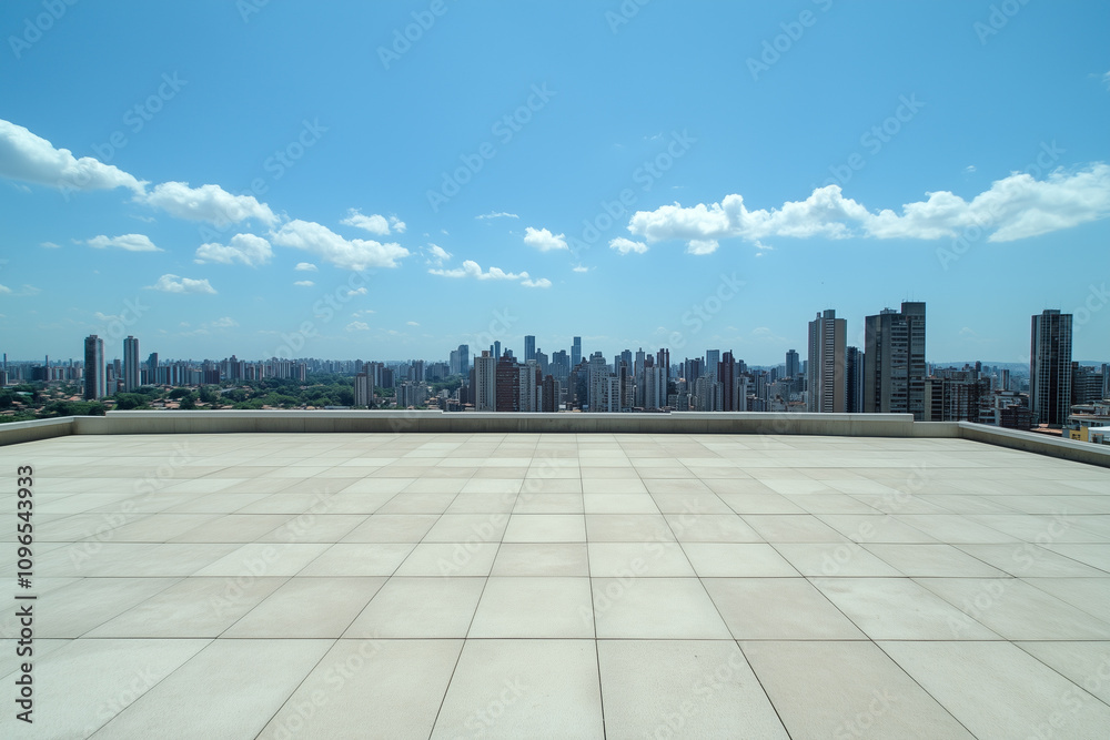 Obraz premium Empty Rooftop with City Skyline and Clear Blue Sky