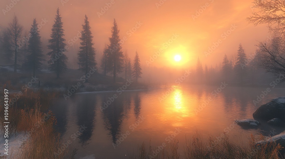 Misty Sunrise over Serene Lake and Pine Trees Misty Sunrise over Serene Lake and Pine Trees