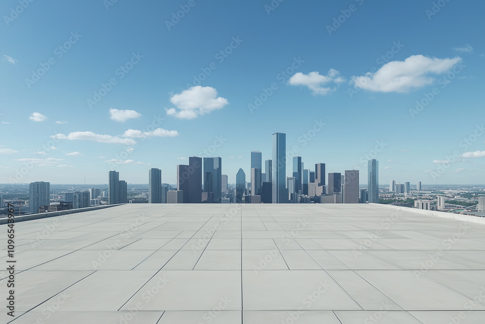 Empty Rooftop with City Skyline and Clear Blue Sky Empty Rooftop with City Skyline and Clear Blue Sky