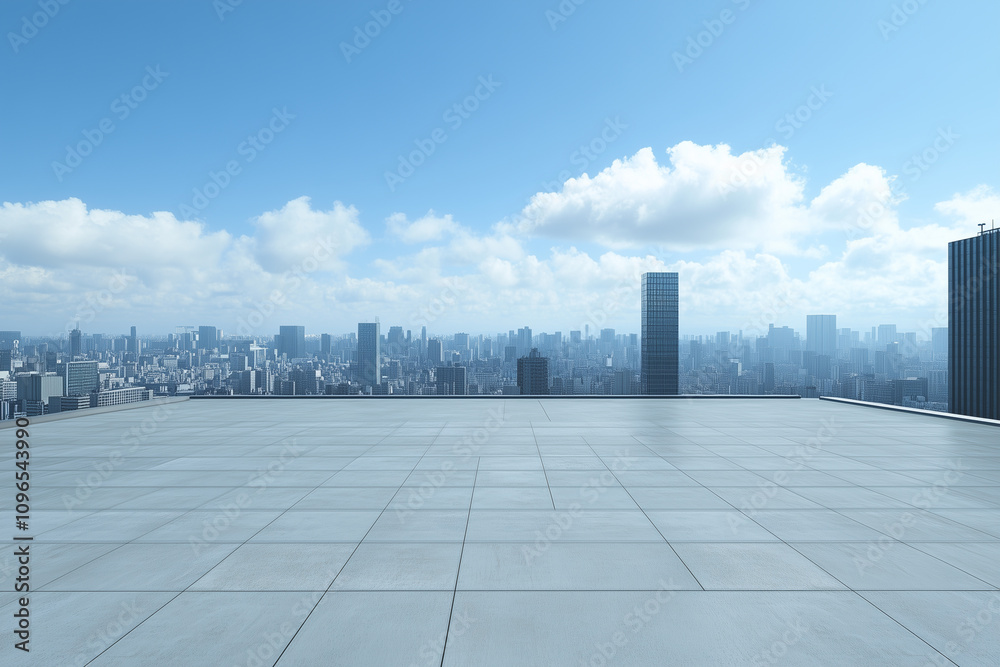 Empty Rooftop with City Skyline and Clear Blue Sky Empty Rooftop with City Skyline and Clear Blue Sky