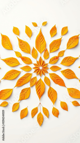 Yellow and orange leaves arranged in a symmetrical pattern on a white backdrop, frame, autumn colors, creative, balance