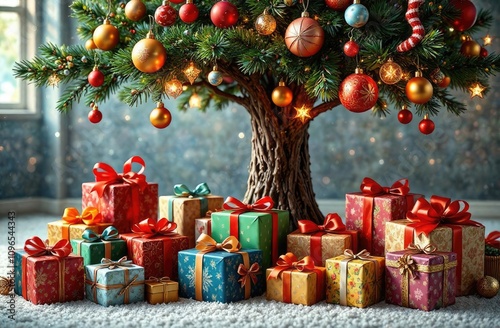 Christmas, floor and box of gift by tree for celebration, festive season and party. Xmas, surprise and gratitude with present on ground of living room  photo