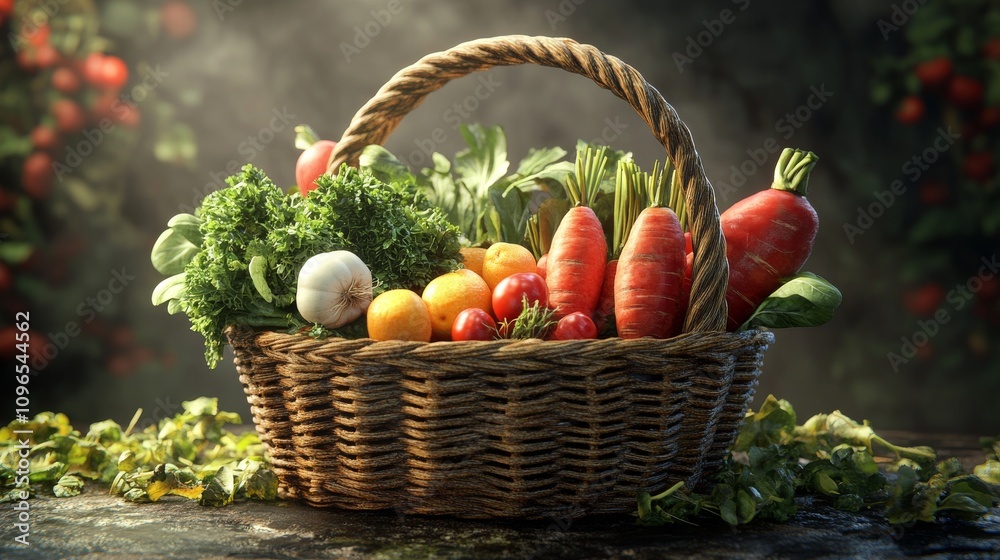 Fresh Harvest in Rustic Woven Basket Display Fresh Harvest in Rustic Woven Basket Display