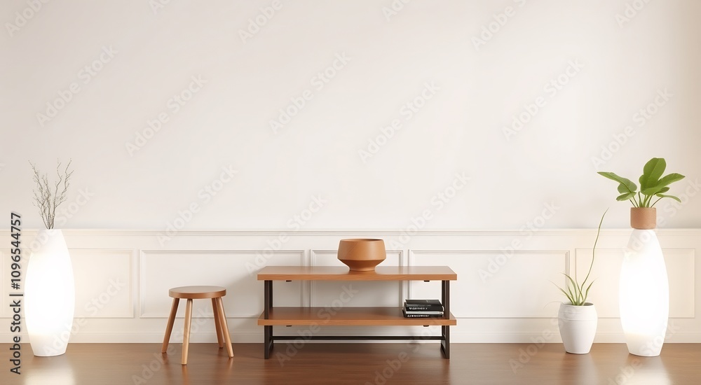 Minimalist living room with a coffee table, two stools, and two potted plants. Minimalist living room with a coffee table, two stools, and two potted plants.