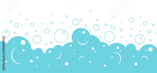 Soap bubble background, foam pattern, water soda border, bathroom frame, cartoon blue wash cloud flat and line design, laundry suds. Shampoo splash, baby shower, sea underwater bg. Vector illustration