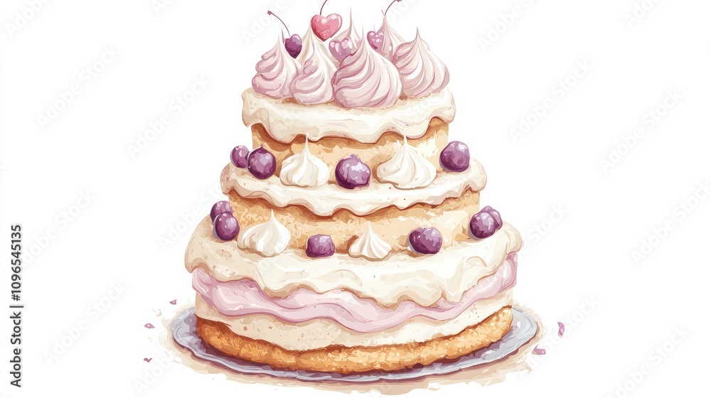 a tiered cake design, multi-level festival dessert, detailed hand-drawn illustration, soft tones, isolated on white background a tiered cake design, multi-level festival dessert, detailed hand-drawn illustration, soft tones, isolated on white background