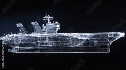 Wireframe 3D Renderings of Aircraft Carriers Showcasing Detailed Structures and Futuristic Naval Engineering on a Dark Background
 photo