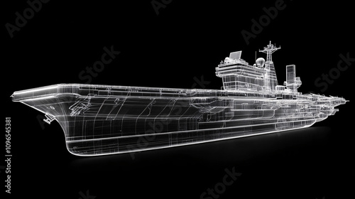 Wireframe 3D Renderings of Aircraft Carriers Showcasing Detailed Structures and Futuristic Naval Engineering on a Dark Background
 photo