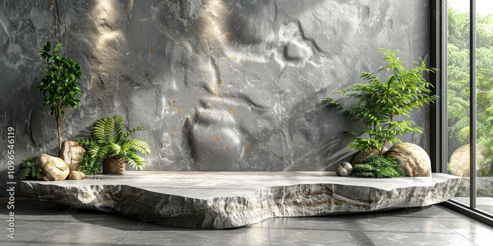 Stone Platform with Plants and a Window View