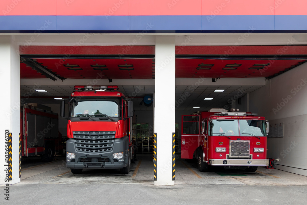 Fototapeta premium The fire truck parked in the garage
