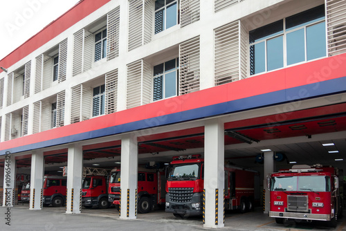 The fire truck parked in the garage