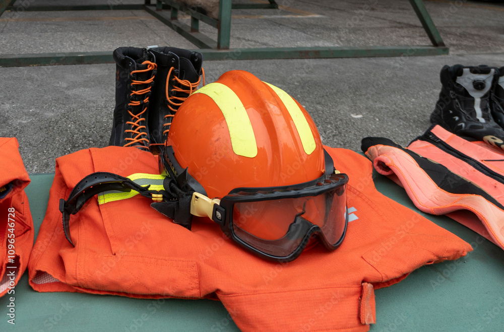 Neatly arranged firefighting equipment for fire drills