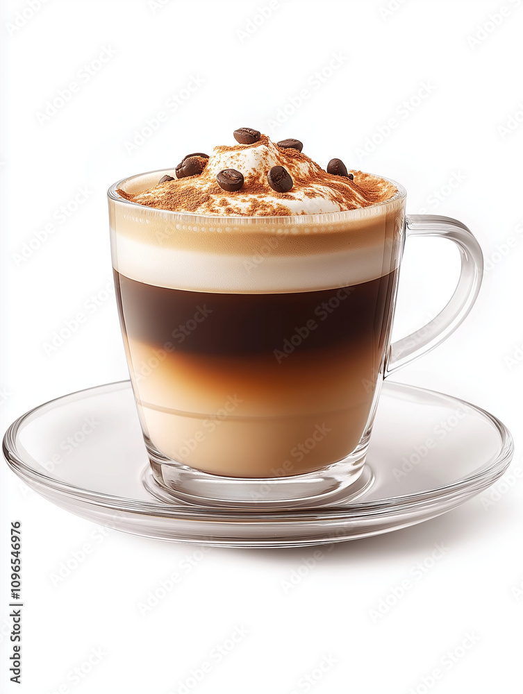 Glass coffee cup with layered coffee and milk on white background Glass coffee cup with layered coffee and milk on white background