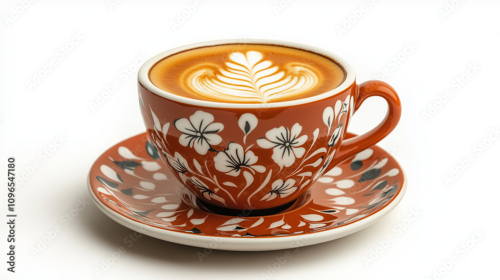 Fototapeta premium Decorative ceramic coffee cup with latte art on white background