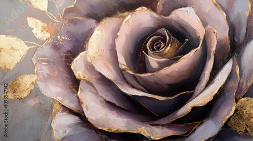 Elegant rose in soft neutral hues with textured petals, accented by luxurious gold leaf for a sophisticated artistic touch