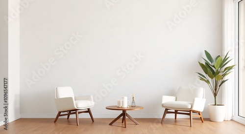 Two white chairs and a coffee table in front of a blank white wall.