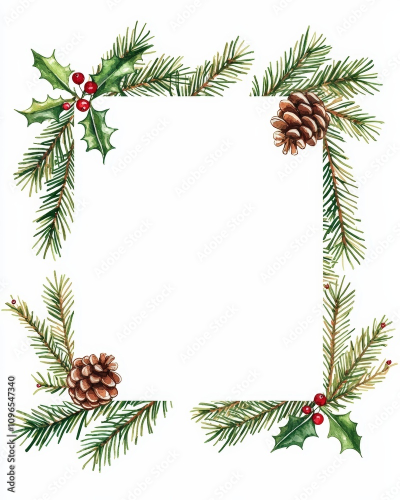 Festive Christmas frame with pine and holly Festive Christmas frame with pine and holly