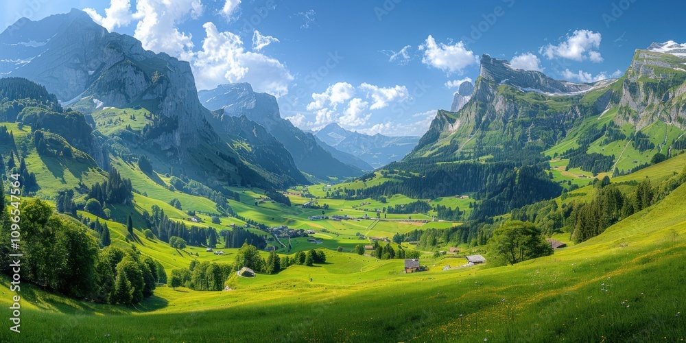 Fototapeta premium Alpine Valley Landscape with Lush Green Fields and Majestic Mountains