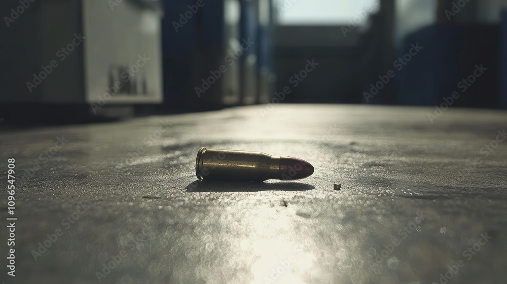 Bullet casing lying on a reflective surface in a dimly lit area Bullet casing lying on a reflective surface in a dimly lit area