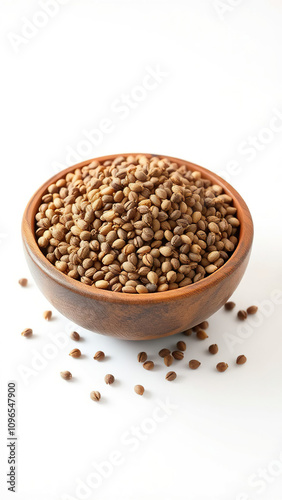 Zira cumin jeera seeds in a wooden bowl on white background, kitchenware, container, healthy cooking, wooden bowl